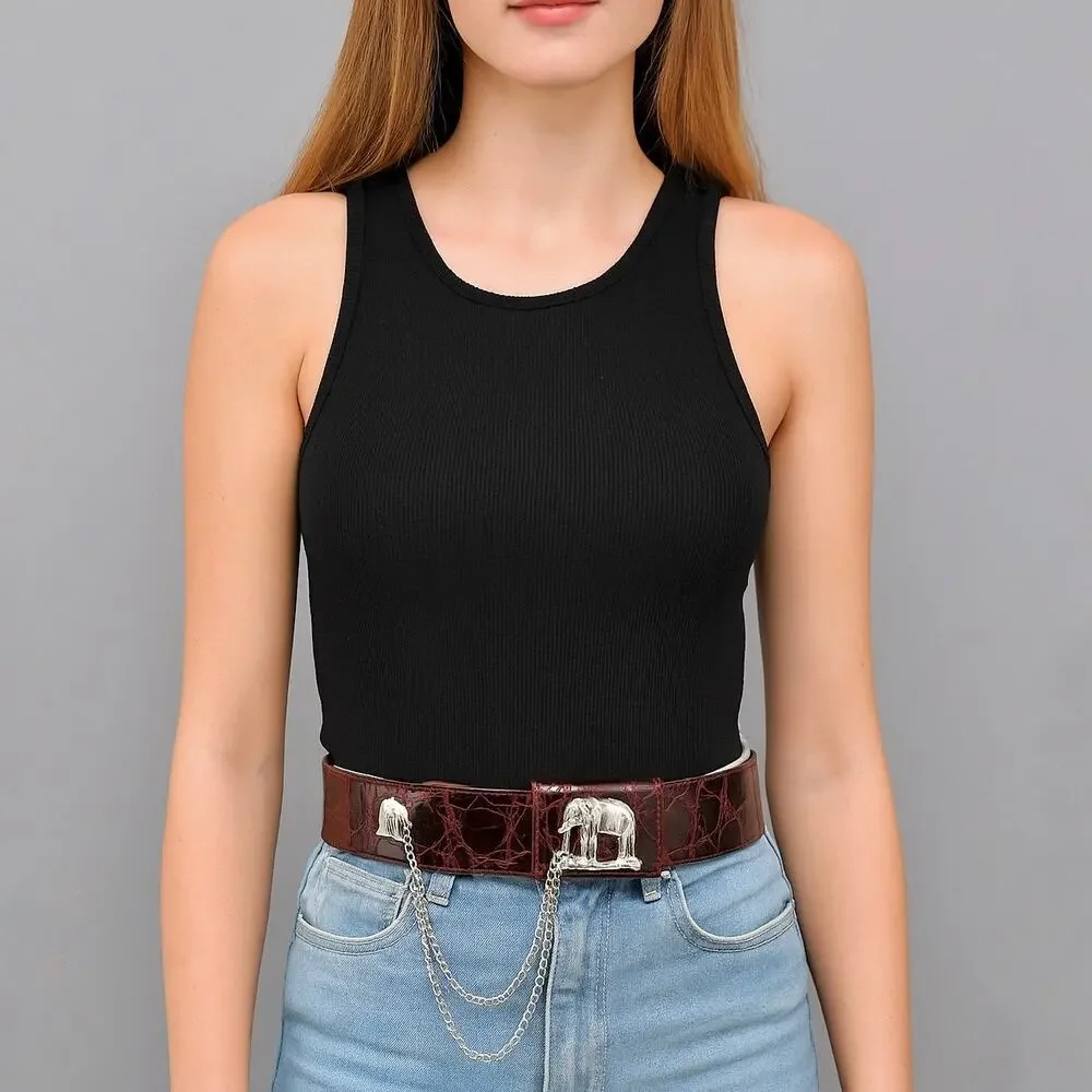 Catherine‎ Carson burgundy leather strap belt silver elephant & drop chain small